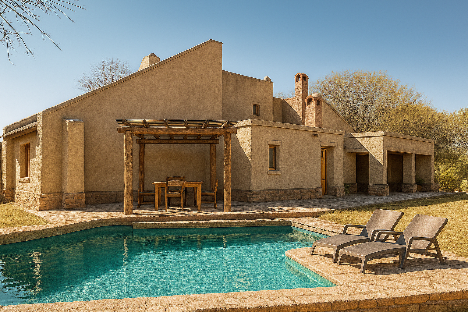 Casa de descanso con pileta y arquitectura de tierra